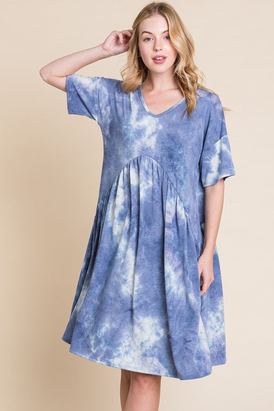 Robe Tie-Dye à col en V et manches mi-longues – Robe Tie-Dye décontractée, fluide, élégante et tendance avec un col en V flatteur et des manches mi-longues confortables