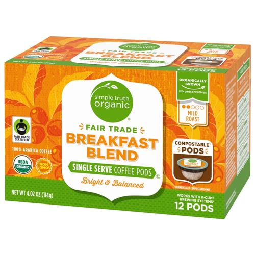 Café en dosettes torréfaction légère mélange petit-déjeuner biologique Simple Truth, 12 unités