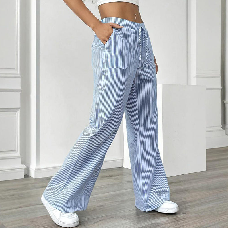 Pantalon long décontracté à rayures, coupe droite et large, avec poches pour femmes