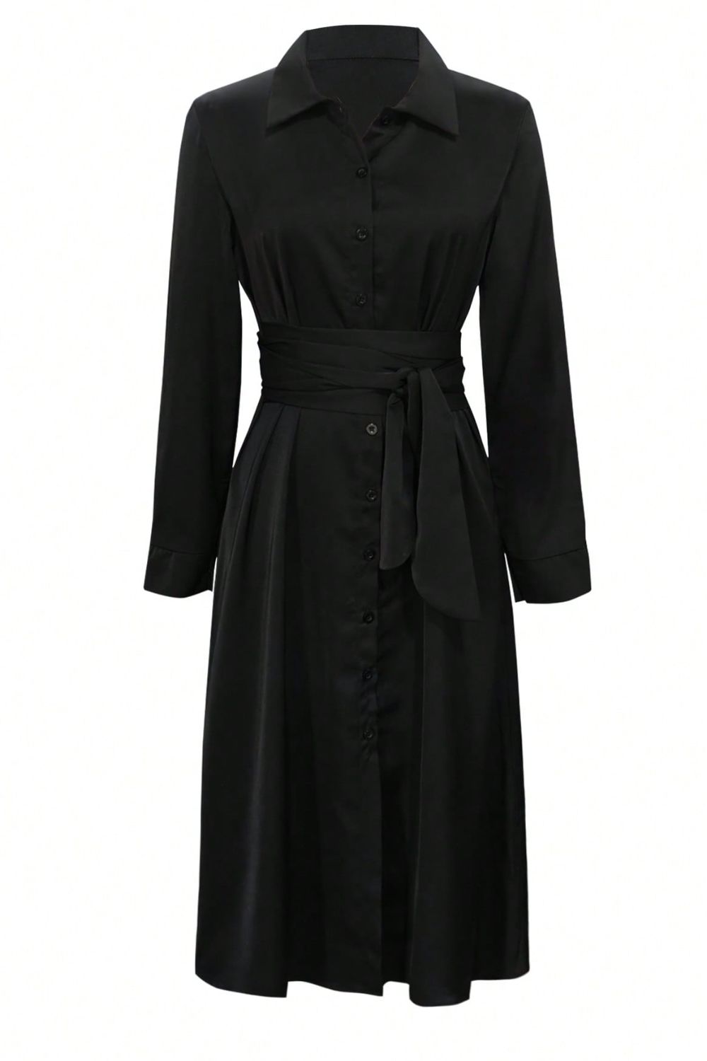 Robe chemise mi-longue élégante noire à col, manches longues, cintrée et boutonnée pour femme
