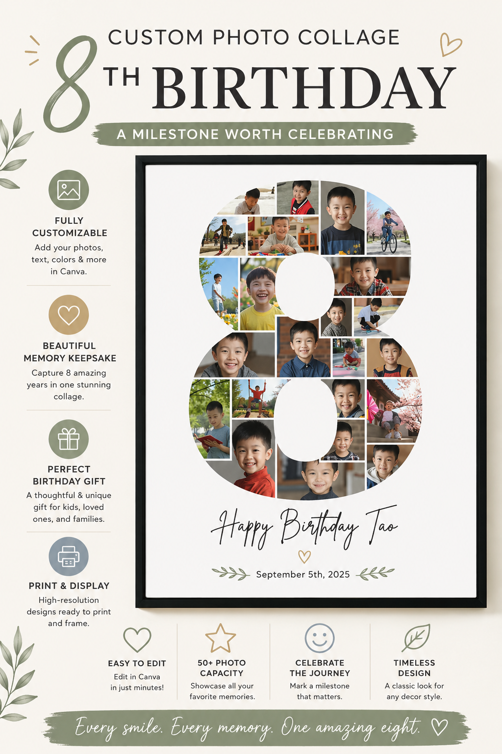 8th Birthday Photo Collage Canva Template – Editable Milestone Poster