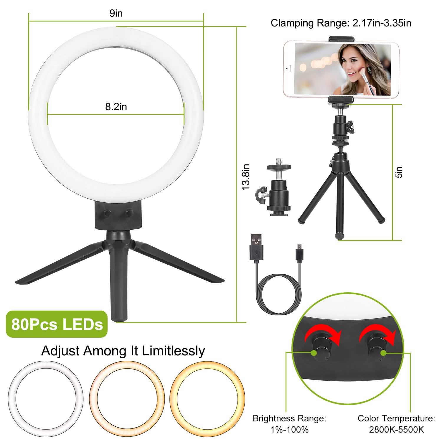Anneau lumineux LED dimmable de 9" avec trépied