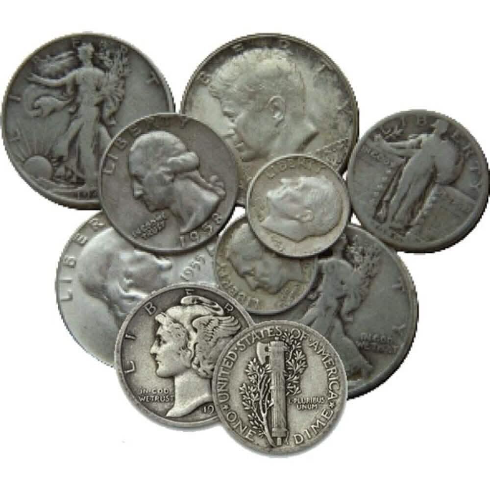 90 % pièces d'argent de récupération 1 $ valeur faciale - Pièces mélangées, état de circulation moyen