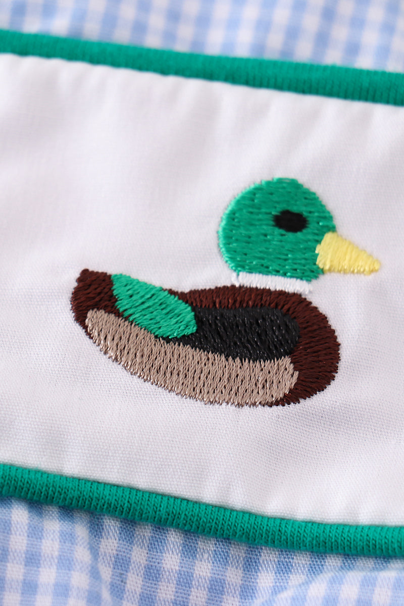 Barboteuse en vichy bleue premium avec broderie canard pour garçon