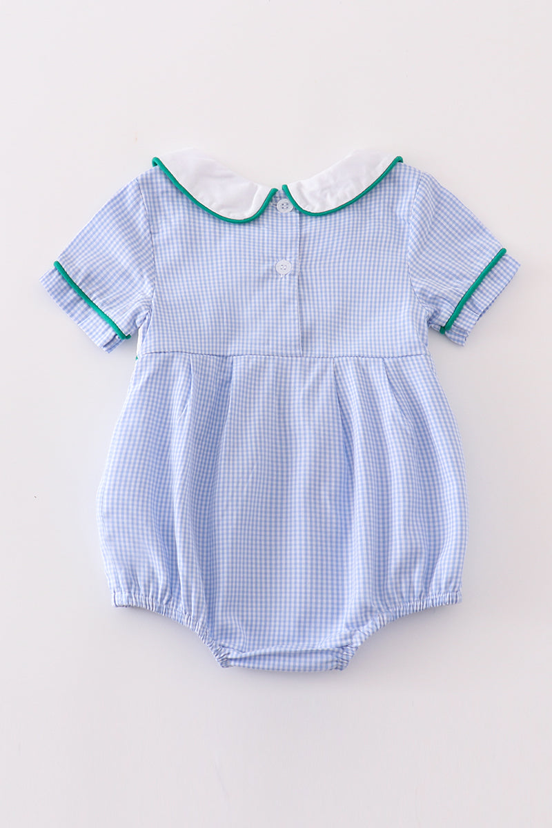 Barboteuse en vichy bleue premium avec broderie canard pour garçon