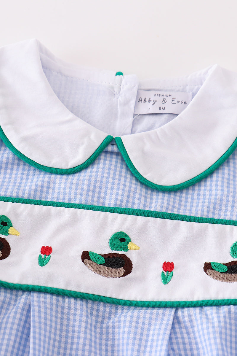 Barboteuse en vichy bleue premium avec broderie canard pour garçon