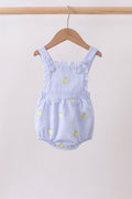 Barboteuse à volants en seersucker rayé bleu et broderie citron