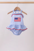 Maillot de bain une pièce à volants vichy avec applique drapeau bleu
