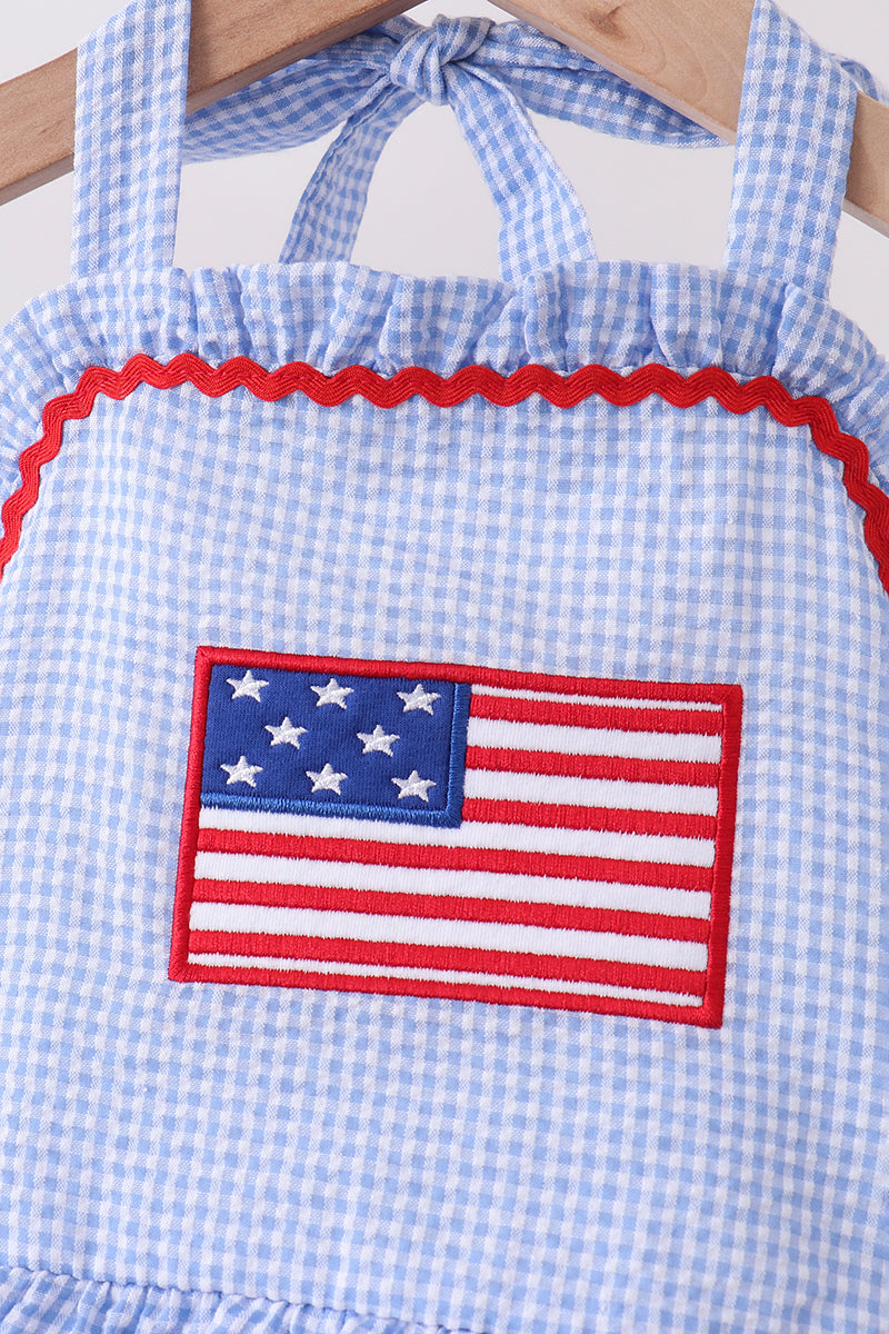 Maillot de bain une pièce à volants vichy avec applique drapeau bleu