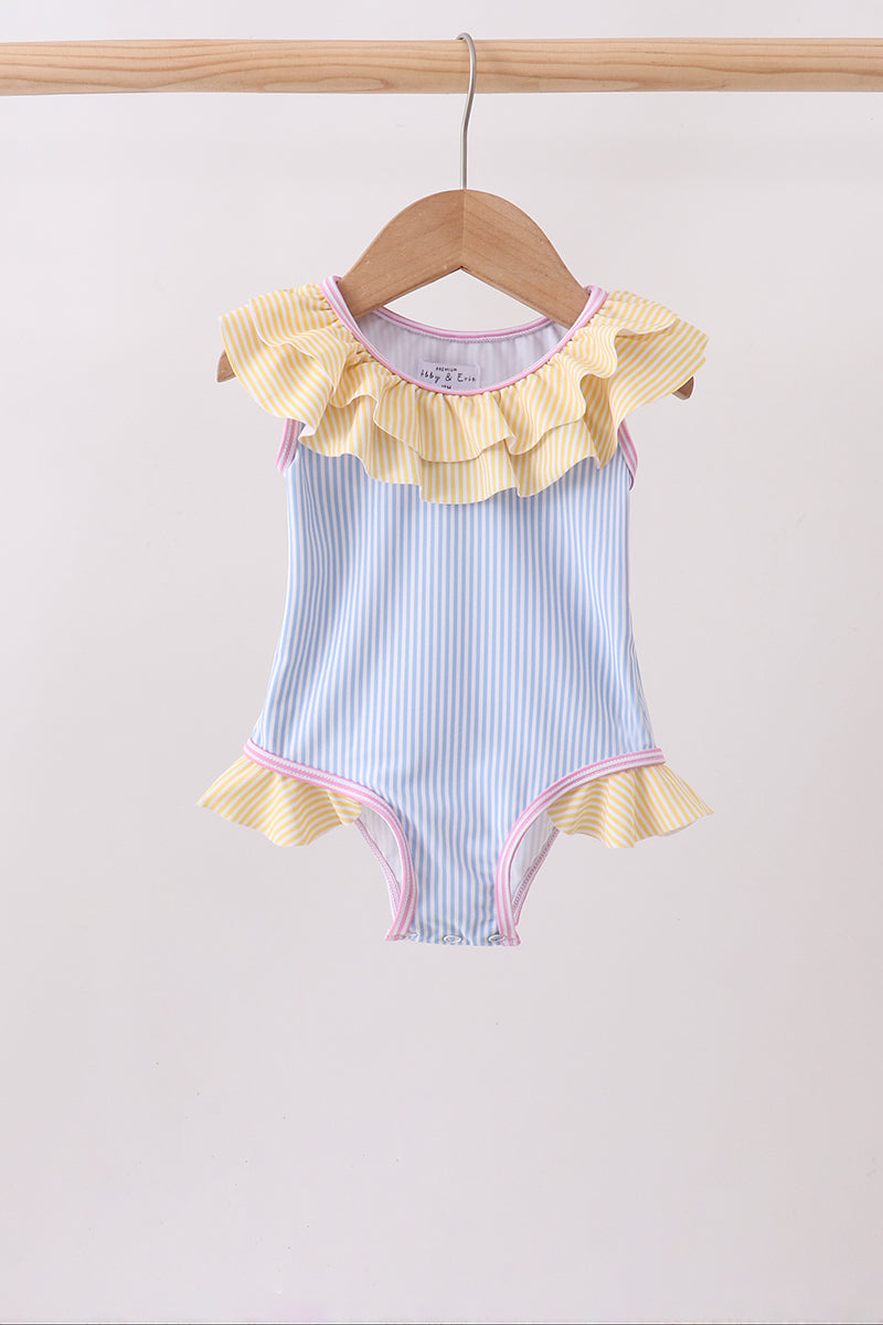 Maillot de bain une pièce à rayures bleues et volants