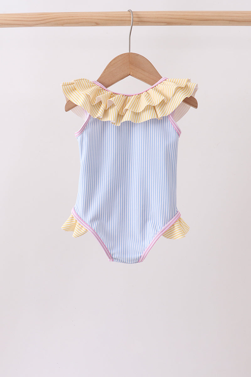 Maillot de bain une pièce à rayures bleues et volants
