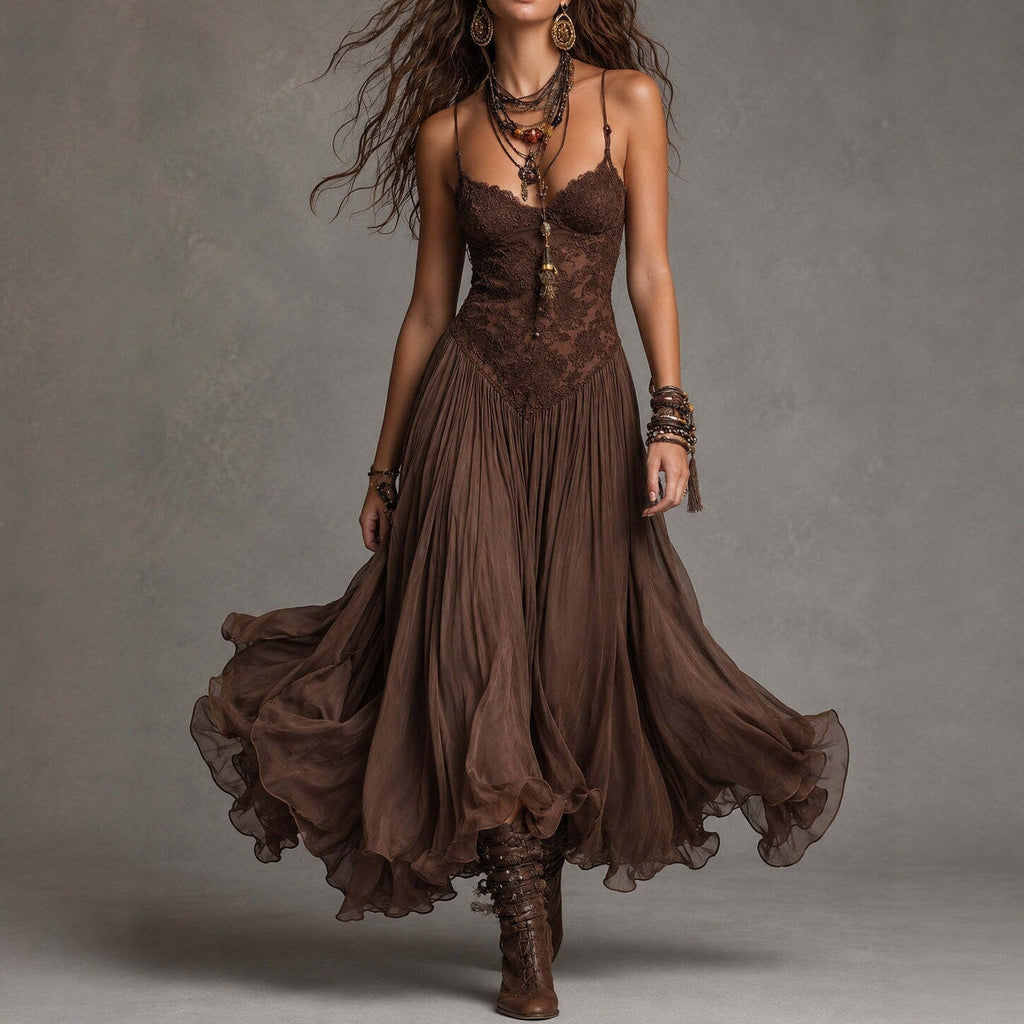 Robe longue évasée en mousseline à col en V et dos nu – Robe longue trapèze élégante pour femme