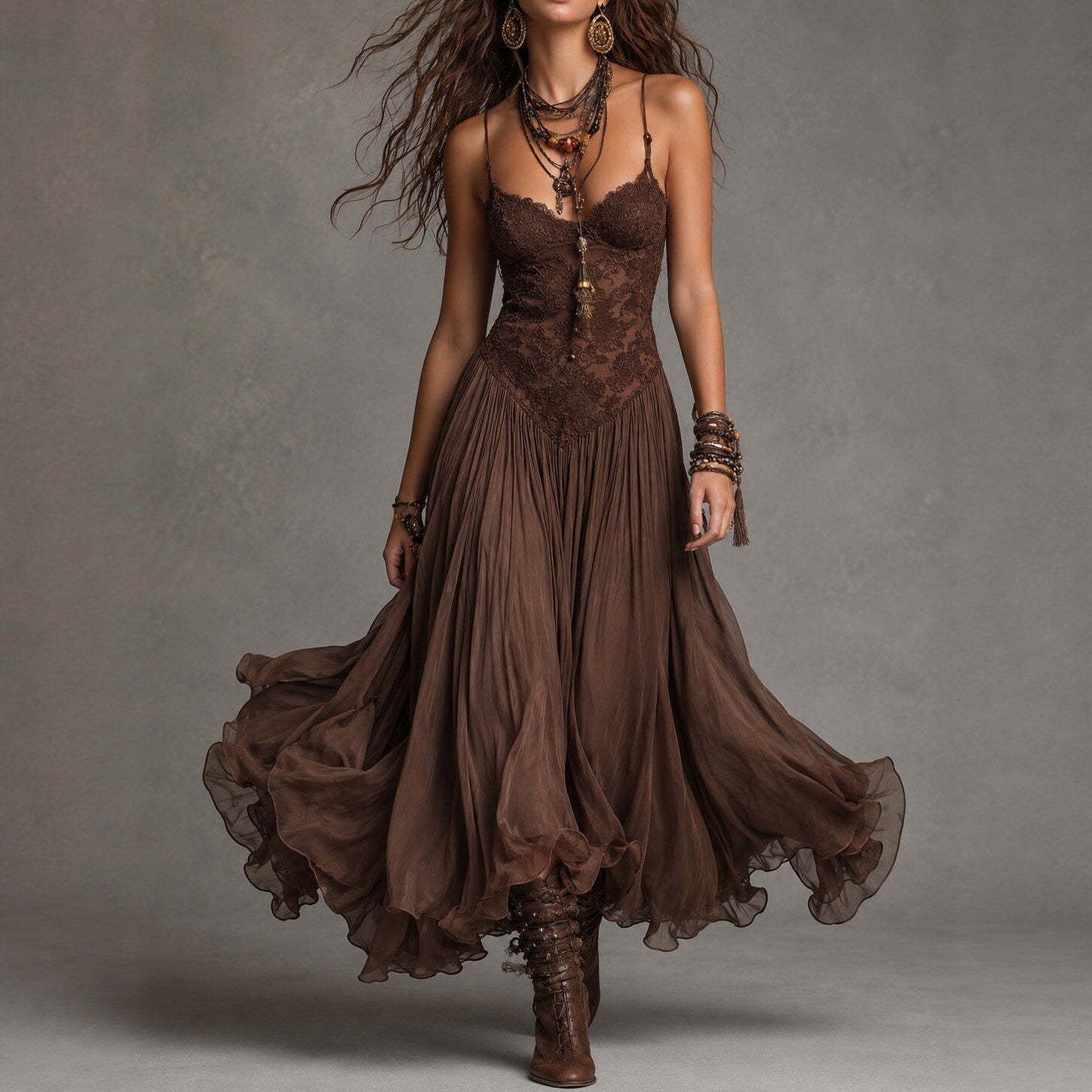 Robe longue évasée en mousseline à col en V et dos nu – Robe longue trapèze élégante pour femme