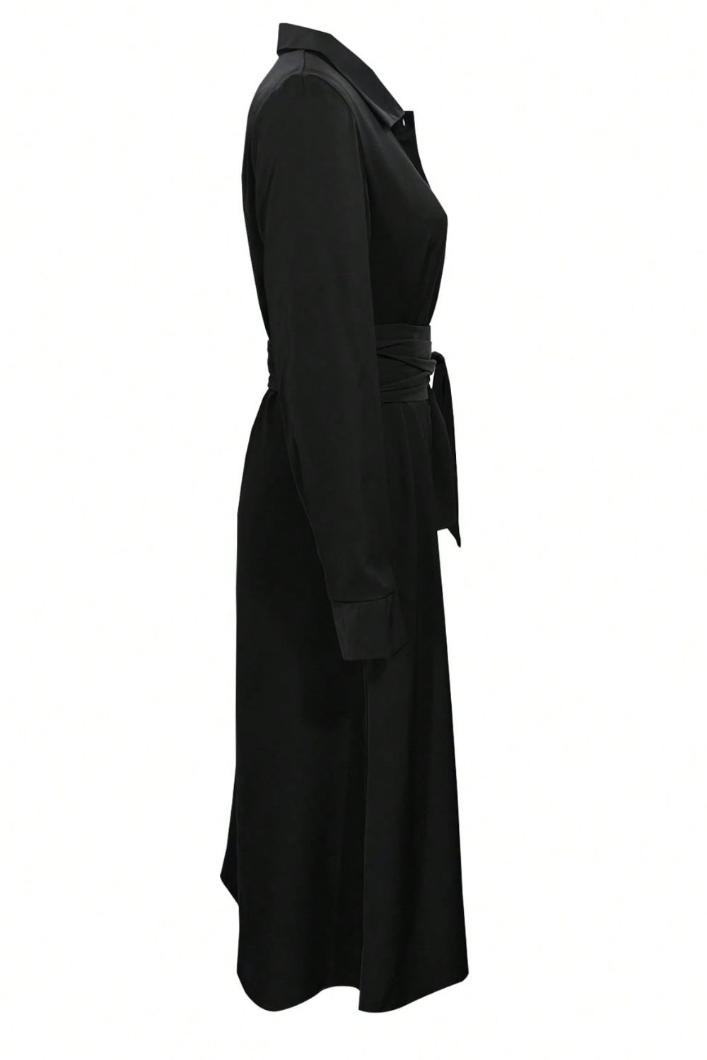 Robe chemise mi-longue élégante noire à col, manches longues, cintrée et boutonnée pour femme