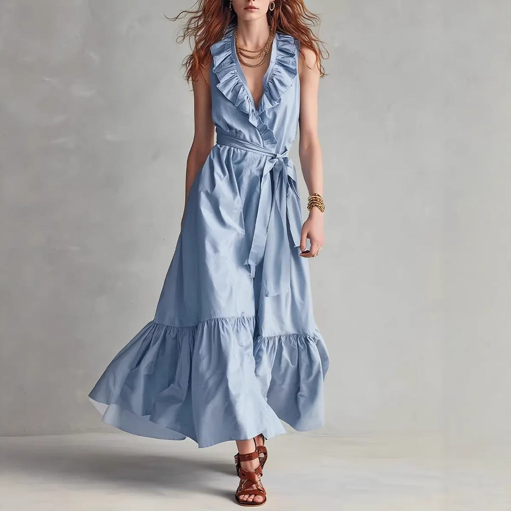 Robe longue sans manches évasée à col en V et laçage empiècements – Femme