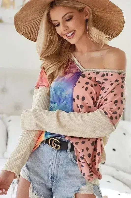 Haut BiBi Print Block col en V avec surpiqûres contrastantes