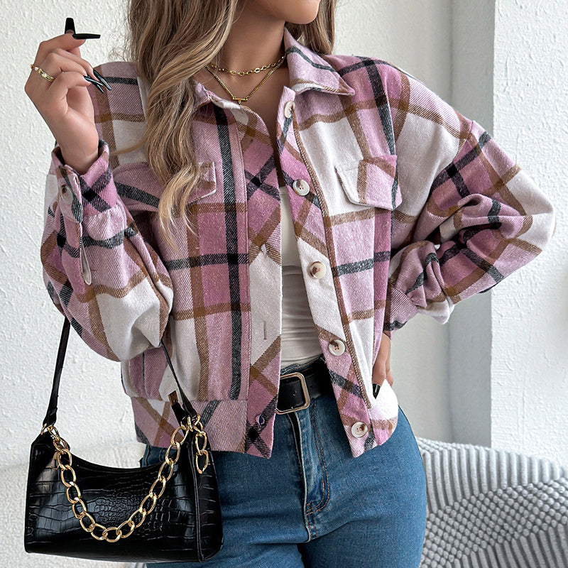 Surchemise à Carreaux – Veste Chemise Boutonnée à Manches Longues pour Femme