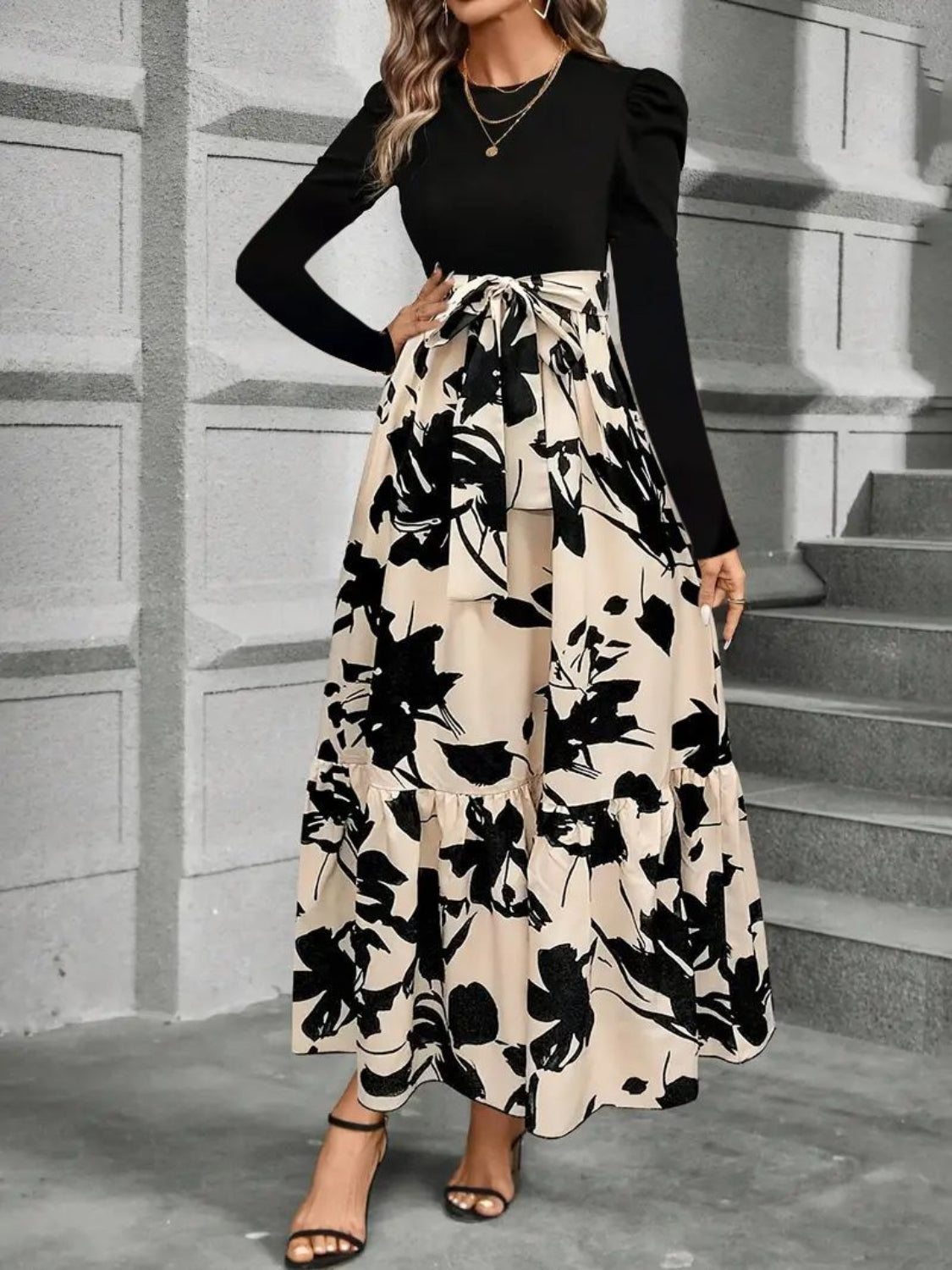 Robe Midi Imprimée Tendance à Col Rond et Manches Longues – Élégante et Tendance pour Femme