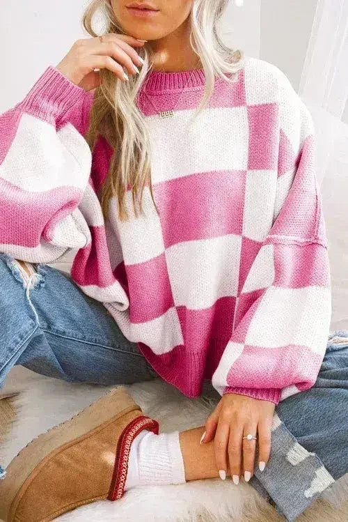 Pull orange à carreaux avec manches évêque - Femstylo