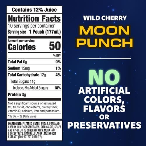 Boisson Capri Sun Moon Punch aromatisée aux cerises sauvages à base de concentré avec d'autres arômes naturels, boîte de 10 sachets de 17,7 cl