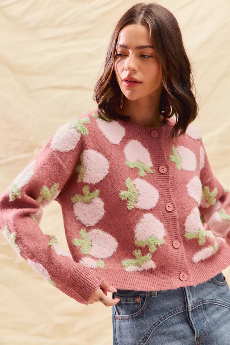SO ME Cardigan en maille boutonnée à motif de fraises