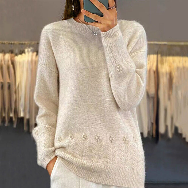 Pull brodé floral 3D de couleur unie pour femme
