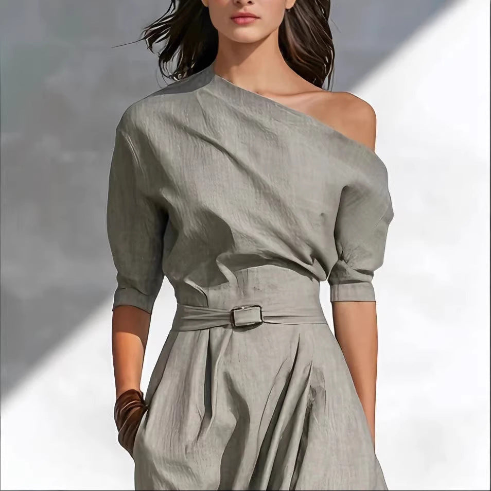 Robe longue asymétrique pour femme – Modèle à épaule unique et taille cintrée