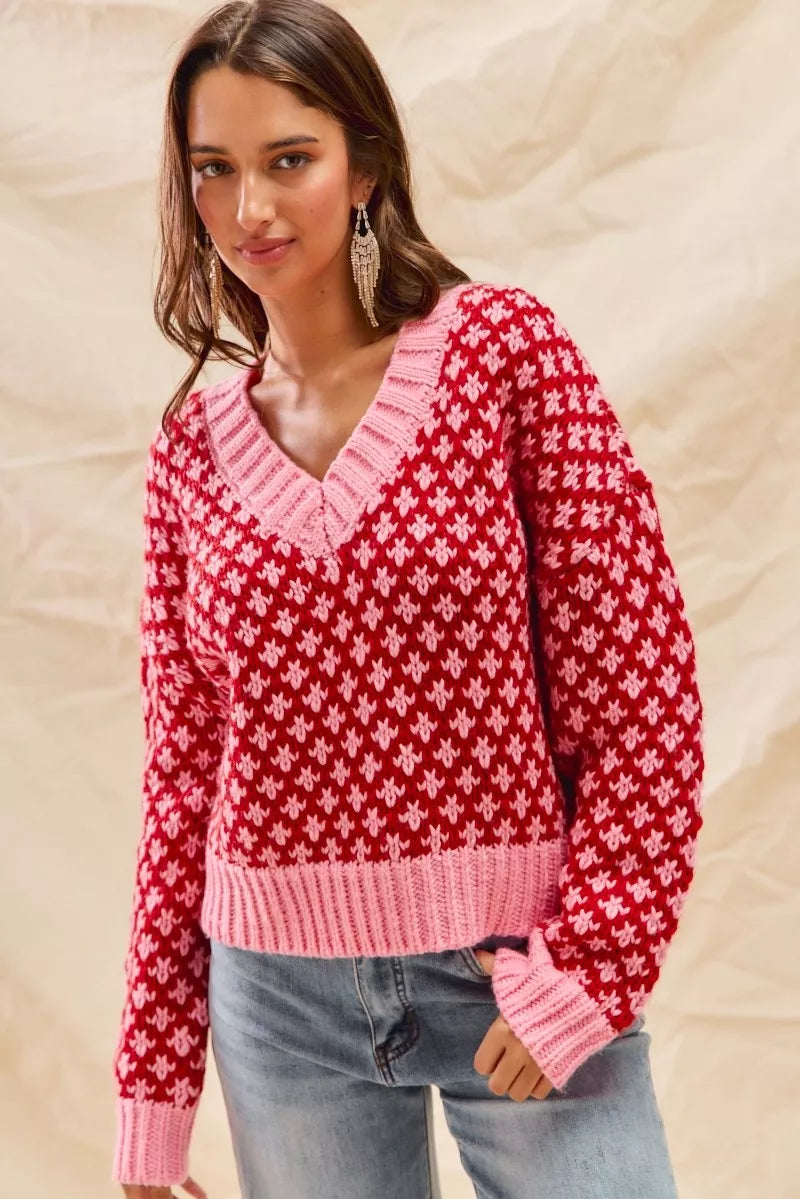 SO ME Pull de Noël texturé à blocs de couleurs avec décolleté en V