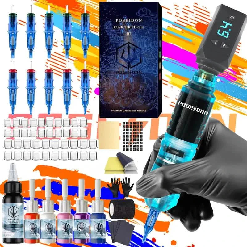 Kit de stylo de tatouage sans fil – Encre 6 couleurs, cartouches et alimentation électrique