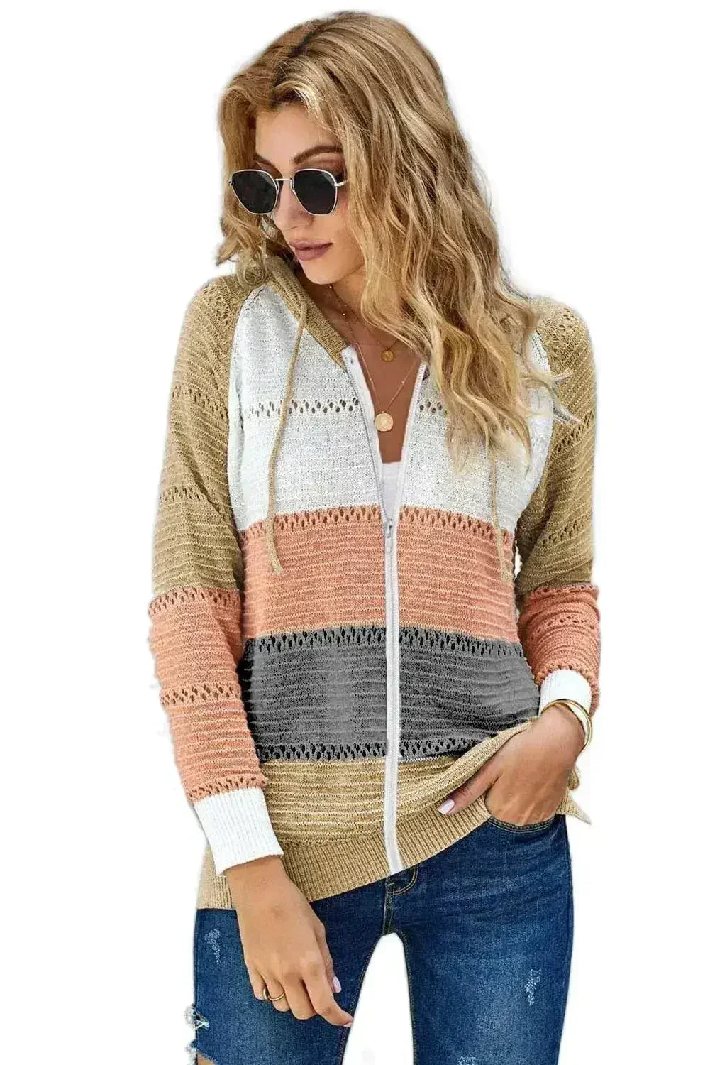 Sweat à capuche en maille ajourée color block zippé multicolore pour femme