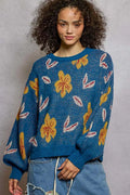 Pull POL à motif floral, col rond et manches ballon
