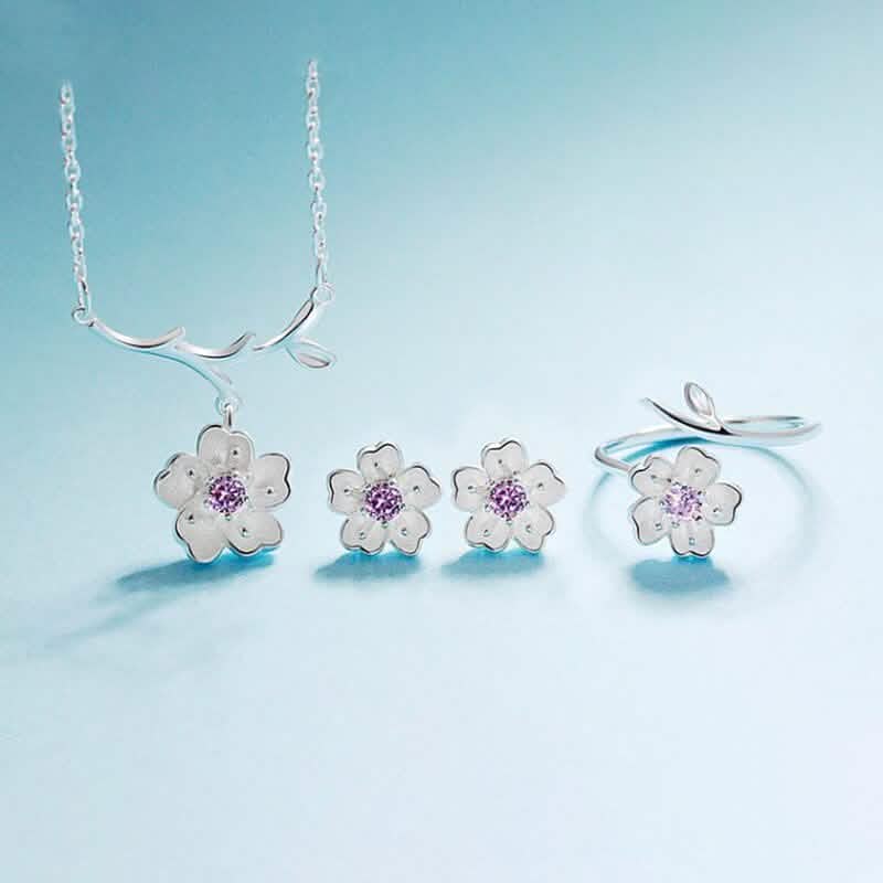 Parure de bijoux en argent sterling 925 avec fleurs mignonnes, collier, boucles d'oreilles, bagues et bracelet