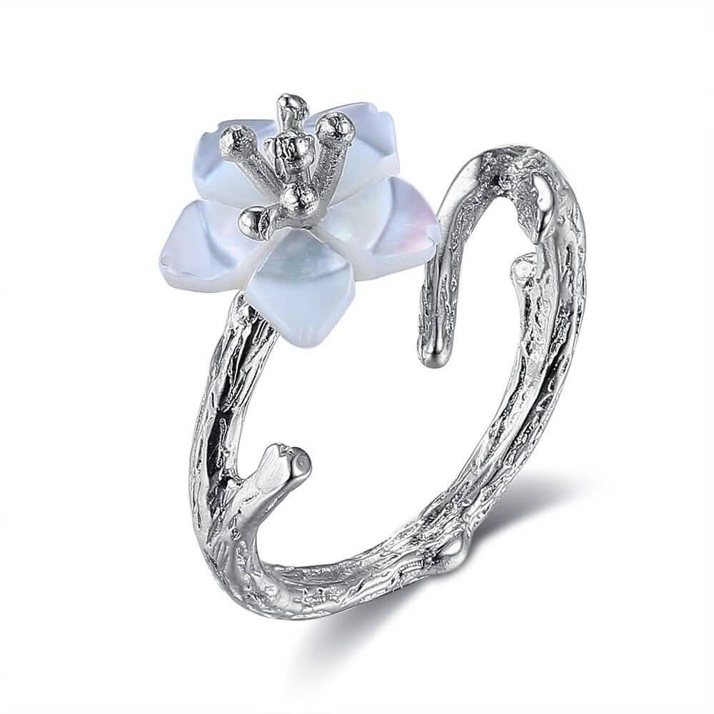 Bagues en argent sterling 925 avec fleurs de cerisier blanches, perles et branches