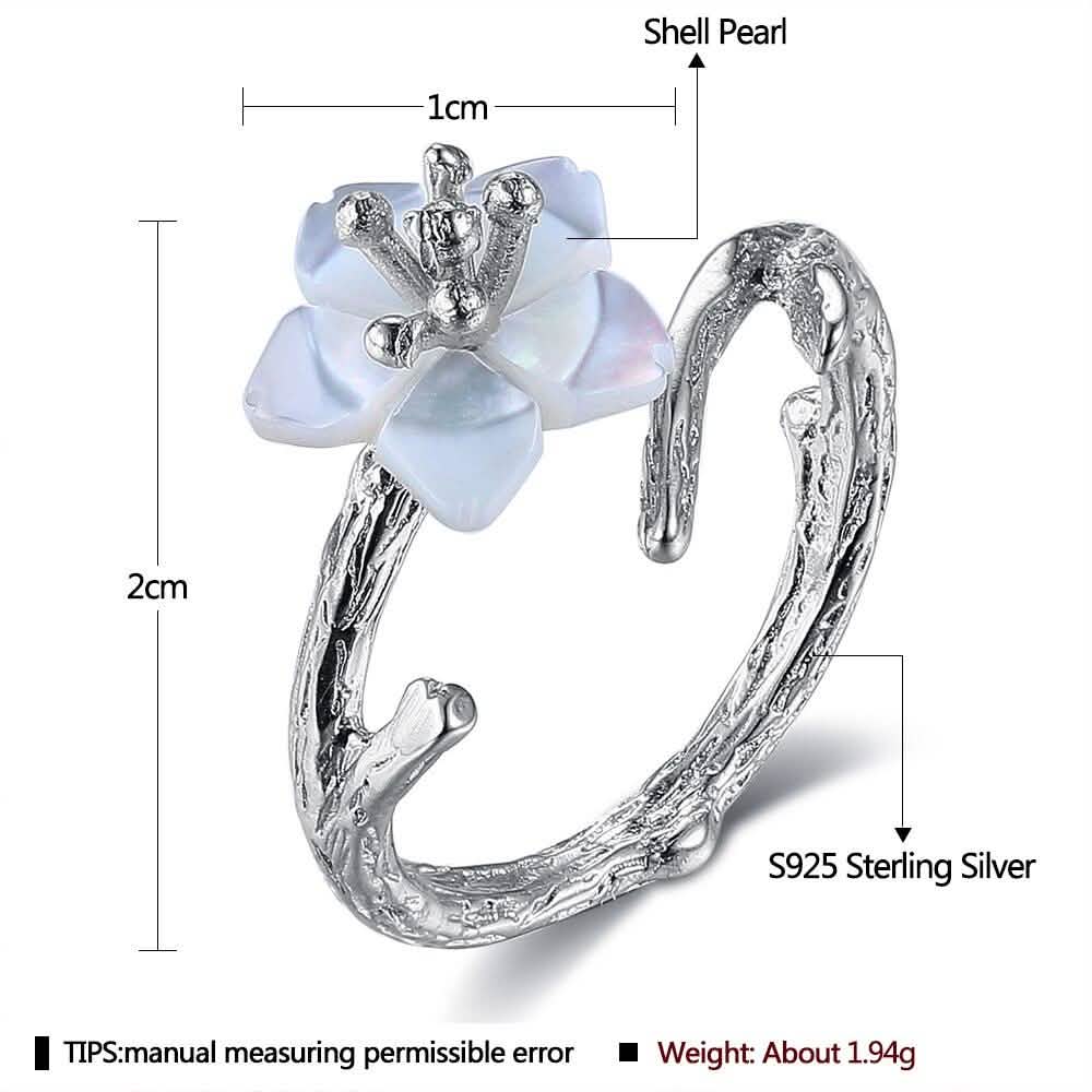 Bagues en argent sterling 925 avec fleurs de cerisier blanches, perles et branches