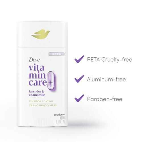 Dove Vitamincare+ Déodorant en stick sans aluminium pour 72 h de protection contre les odeurs Lavande et Camomille Déodorant respirant pour femmes 73 g