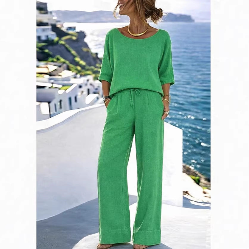 Ensemble de villégiature en coton et lin pour femme – Haut à manches courtes et pantalon à jambes larges