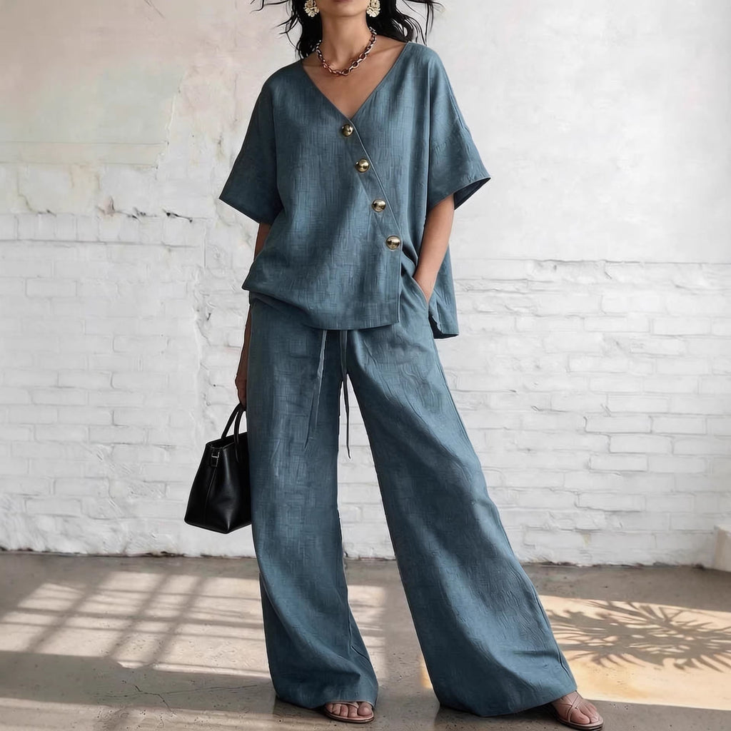 Ensemble décontracté pour femme : Haut en coton et lin à col en V et pantalon large.
