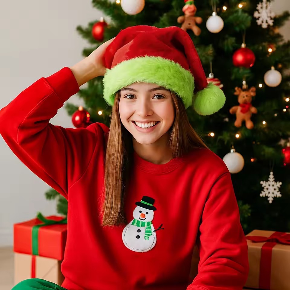 Chapeau de Noël double couche en suède rouge décoratif vert fluorescent