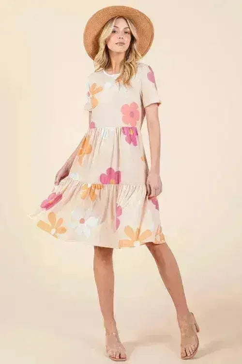 Robe d'été étagée fleurie - Col rond manches courtes | BOMBOM