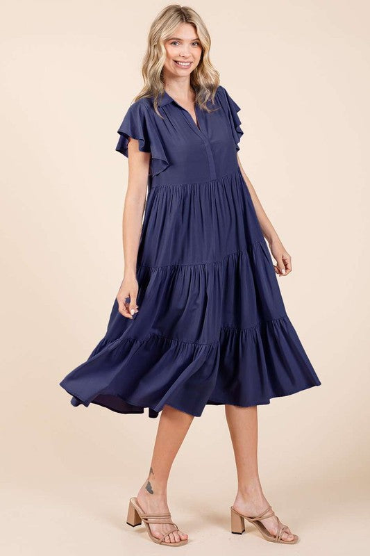 Robe midi à col en V, manches volantées et étages pour femme – Une robe midi vaporeuse, féminine et élégante avec des détails superposés pour toutes les occasions