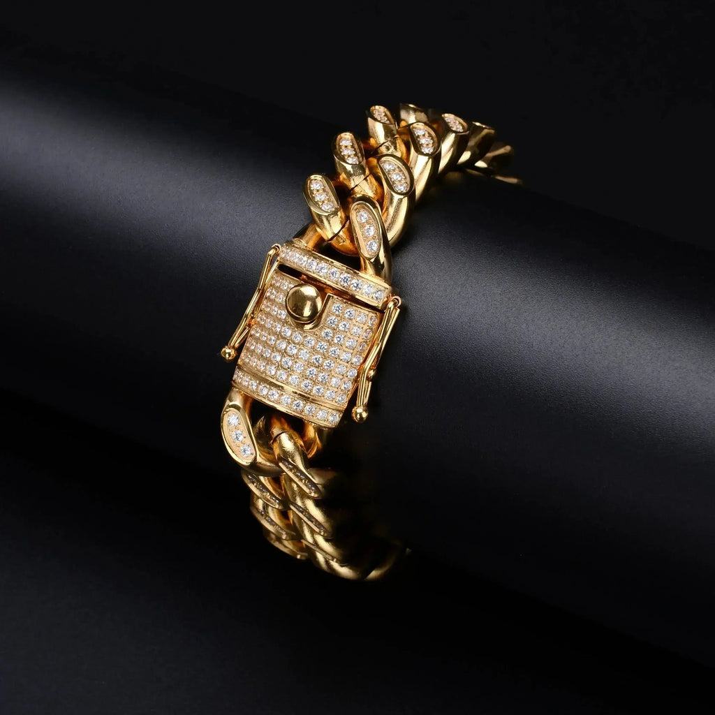 Bracelet rugby maillons cubains, acier inoxydable 18 mm, entièrement pavé de zircons cubiques