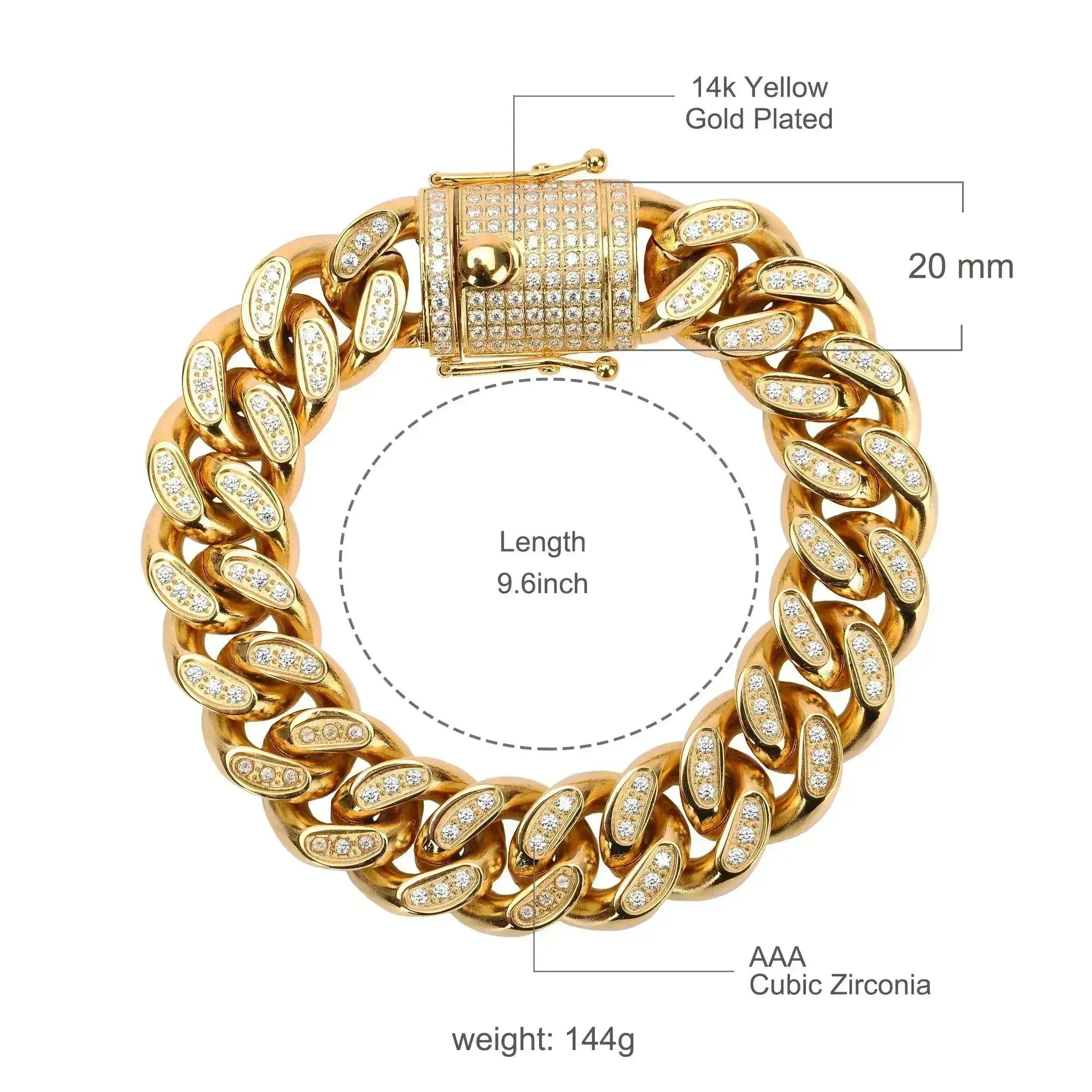 Bracelet rugby maillons cubains, acier inoxydable 18 mm, entièrement pavé de zircons cubiques
