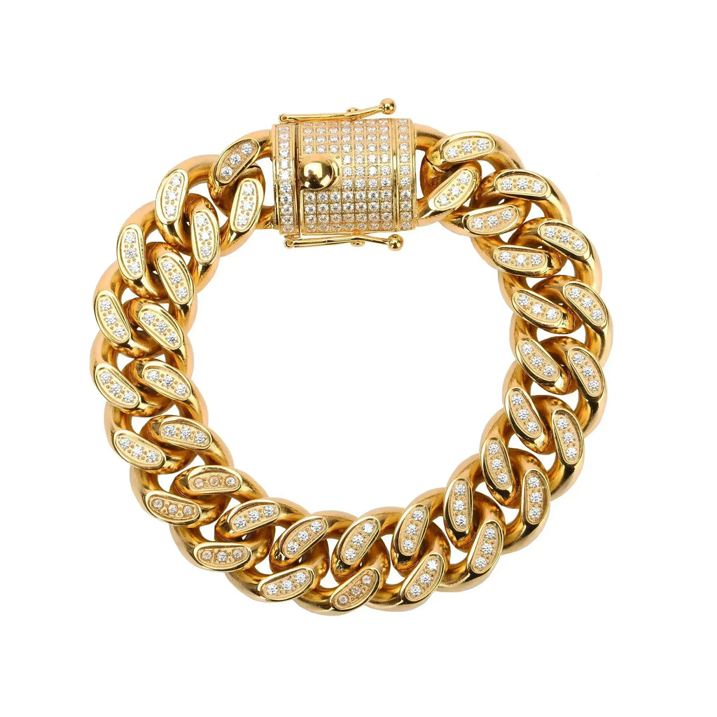 Bracelet rugby maillons cubains, acier inoxydable 18 mm, entièrement pavé de zircons cubiques