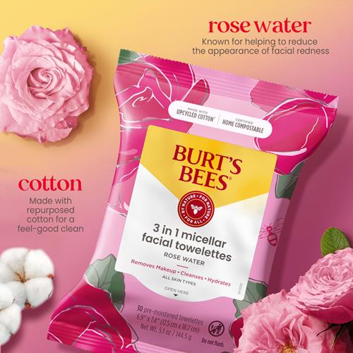 Burts Bees, Lingettes Visage à l'Eau de Rose, Pour Tous Types de Peau, Lingettes Démaquillantes Micellaires Hydratantes & Nettoyantes, 30 Unités (1 Paquet)