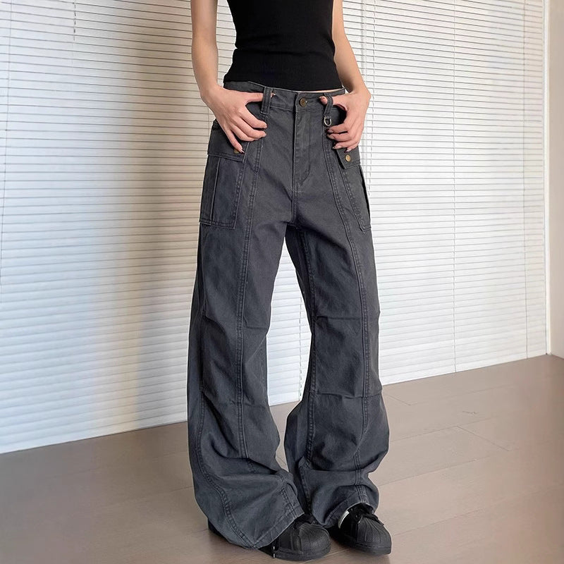 Pantalon décontracté femme jambe droite légèrement évasée délavé