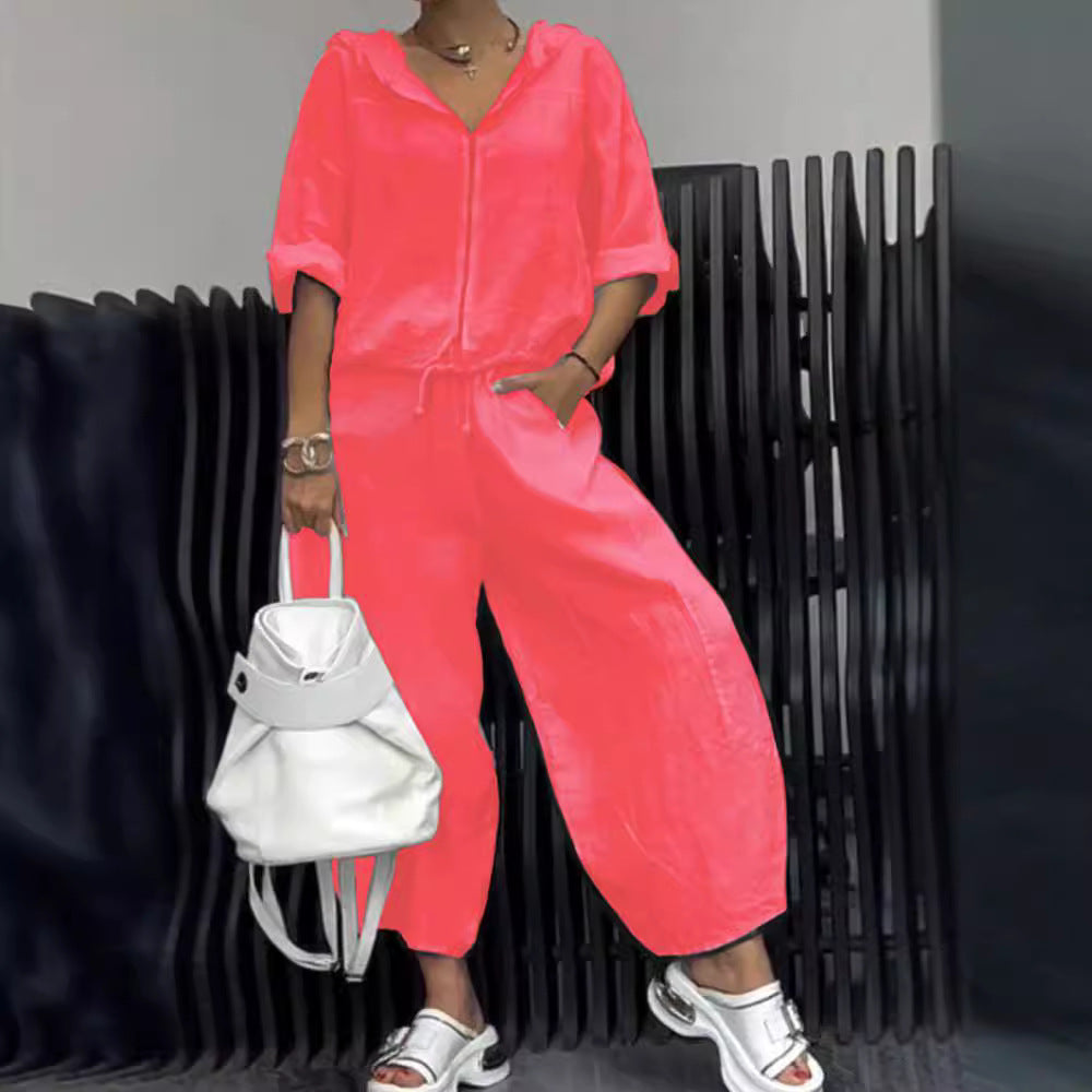 Ensemble haut et pantalon femme en coton et lin à manches longues