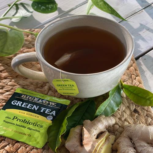 Thé vert au gingembre et aux probiotiques Bigelow Tea, caféiné, 18 sachets, (paquet de 1), 18 sachets de thé au total