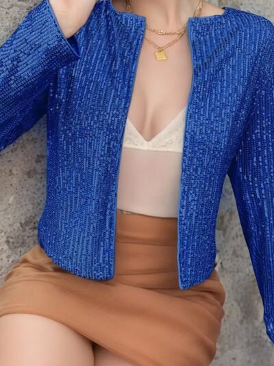 Veste courte élégante à sequins ouverte sur le devant pour femme avec des paillettes glamour, Veste de soirée de luxe pour femme