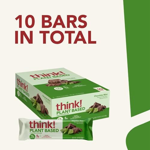 Think! Barres hyperprotéinées végétaliennes/végétales - Chocolat Menthe, 13g de protéines, 5g de sucre, sans édulcorants artificiels, vérifié par le projet sans OGM, paquet de 10 (l'emballage peut varier)