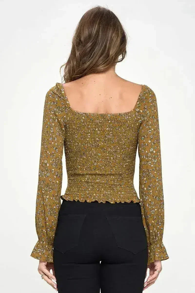 Haut floral froncé à manches longues - Blouse à col volanté Mauve et Moutarde | Femstylo